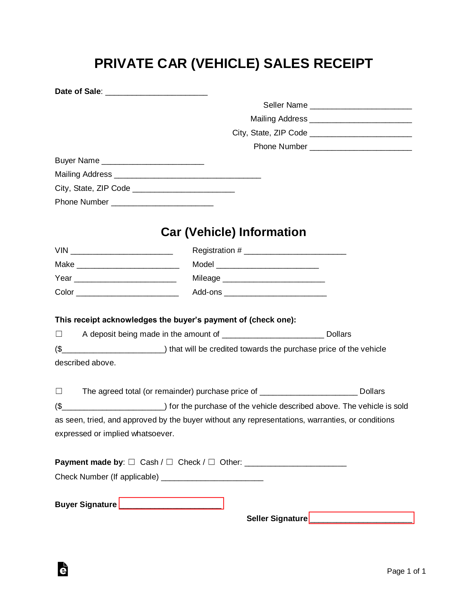 sample car private sale receipt template