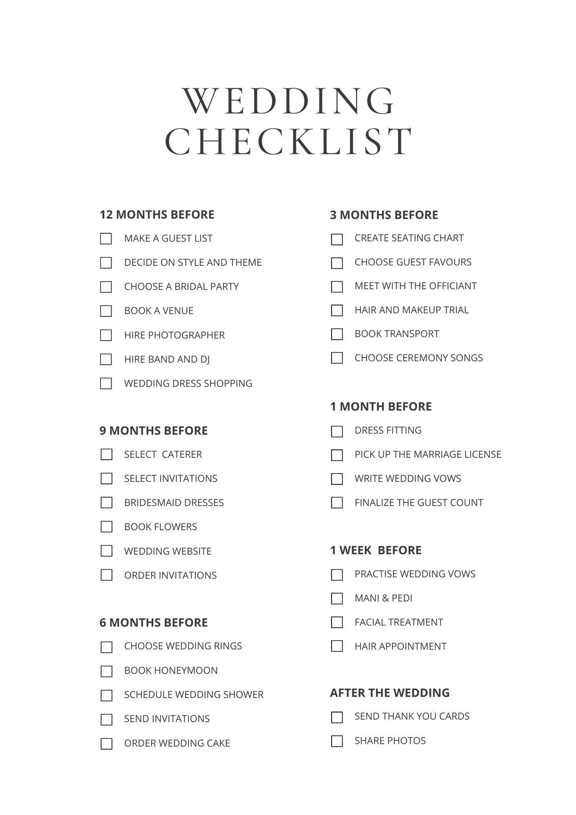 sample wedding checklist template