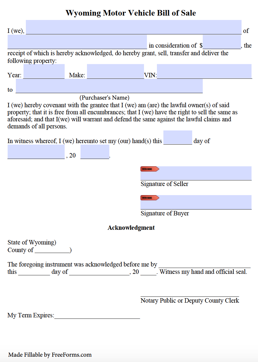 sample Notarized Bill of Sale Form