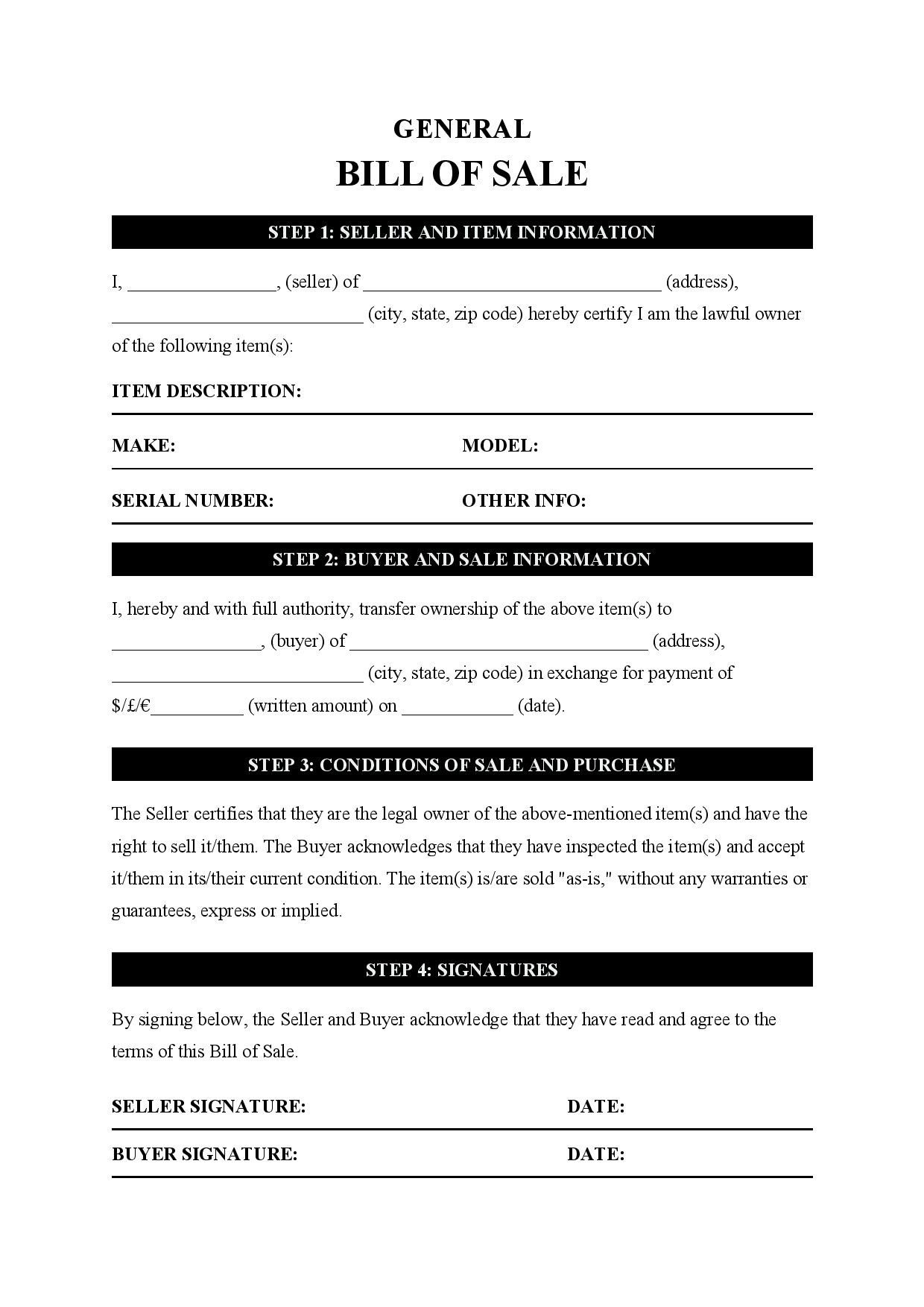 sample General Bill of Sale Form