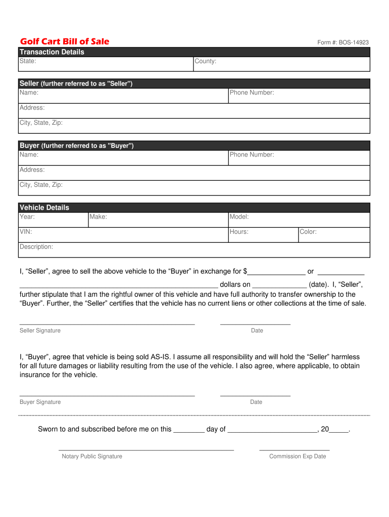 sample Golf Cart Bill of Sale Form