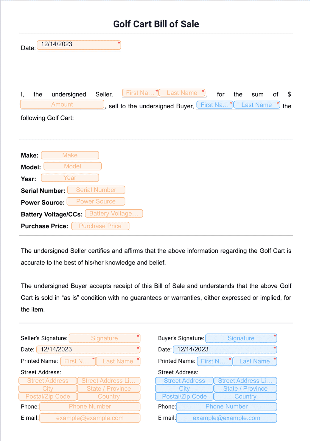 sample Golf Cart Bill of Sale Form