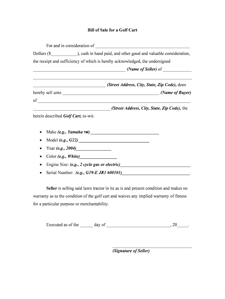 sample Golf Cart Bill of Sale Form