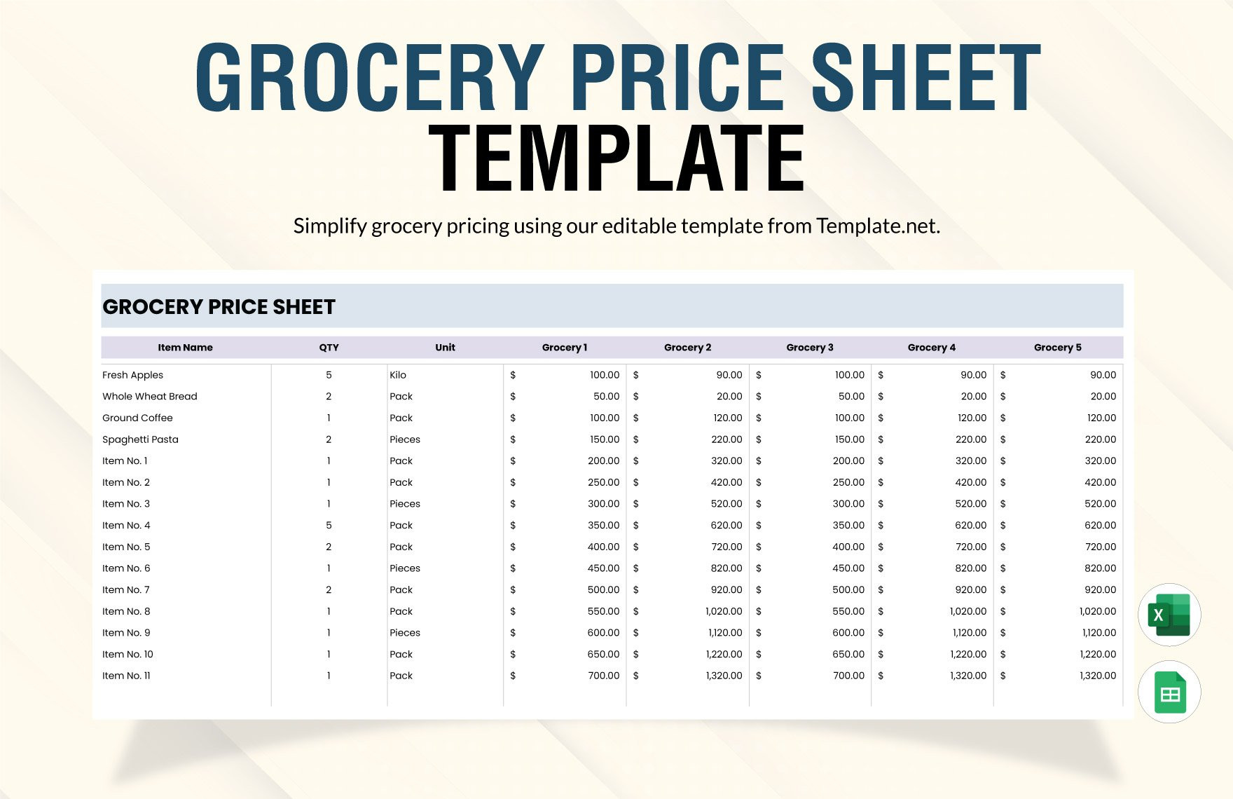 sample grocery price list template