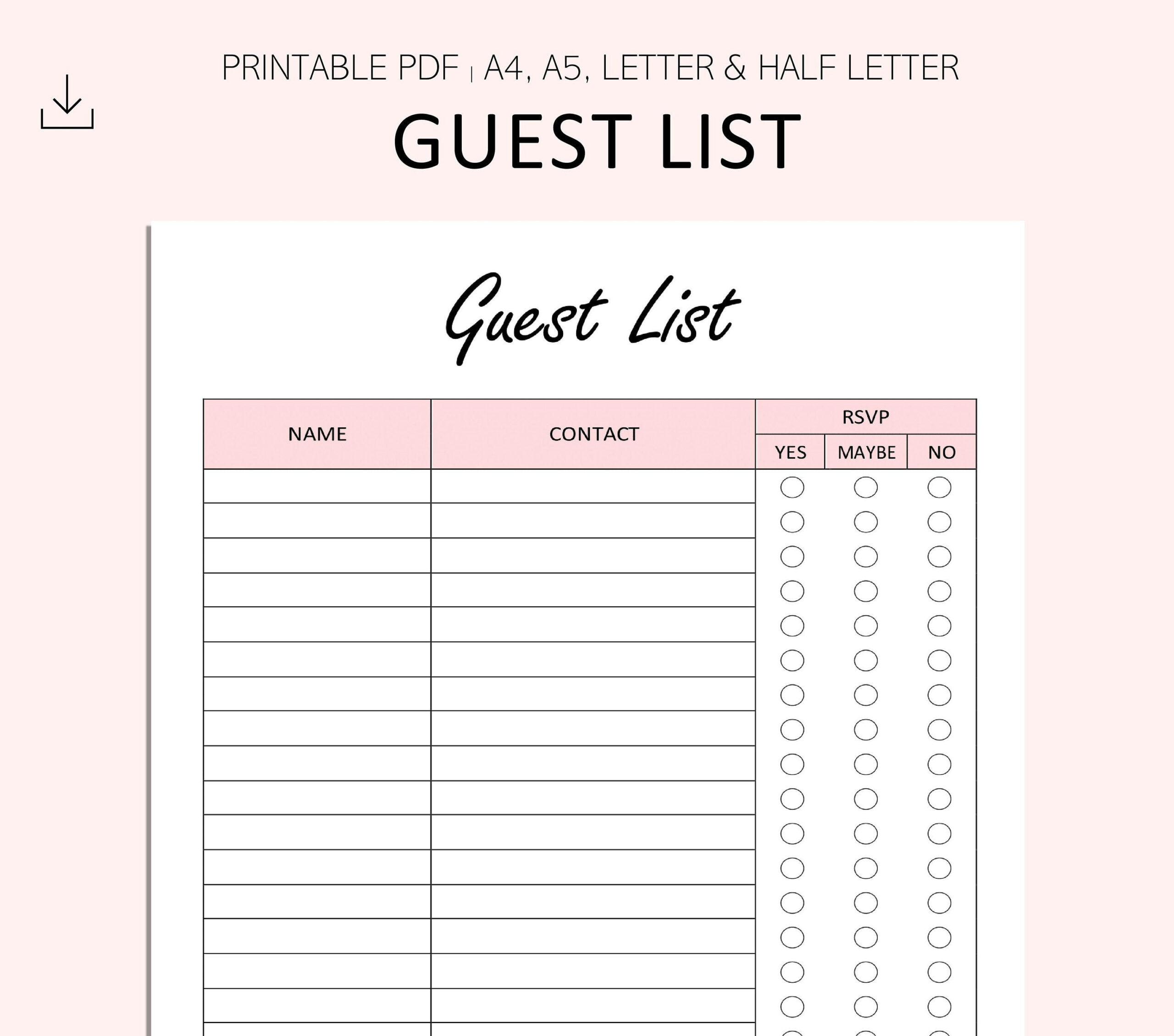 sample Birthday Party Guest List Template