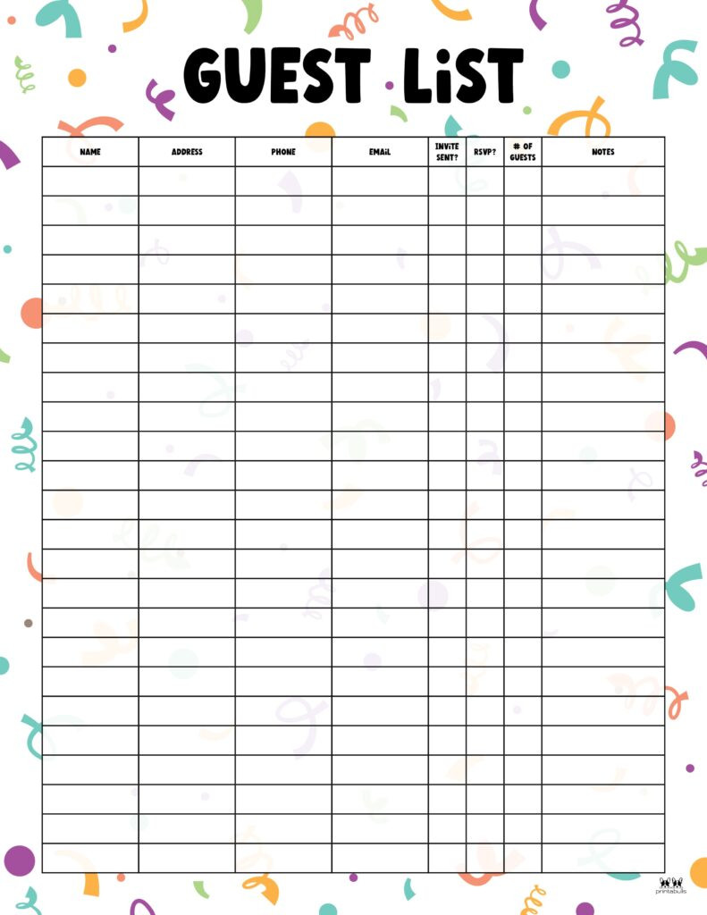 sample Birthday Party Guest List Template