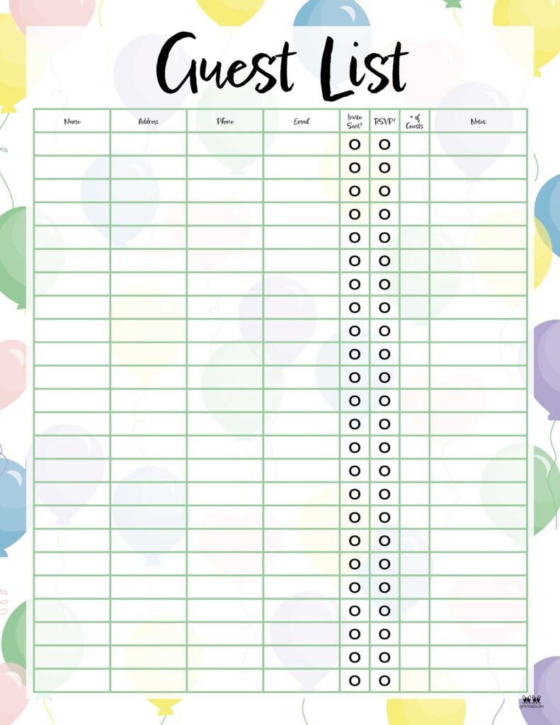 sample Birthday Party Guest List Template