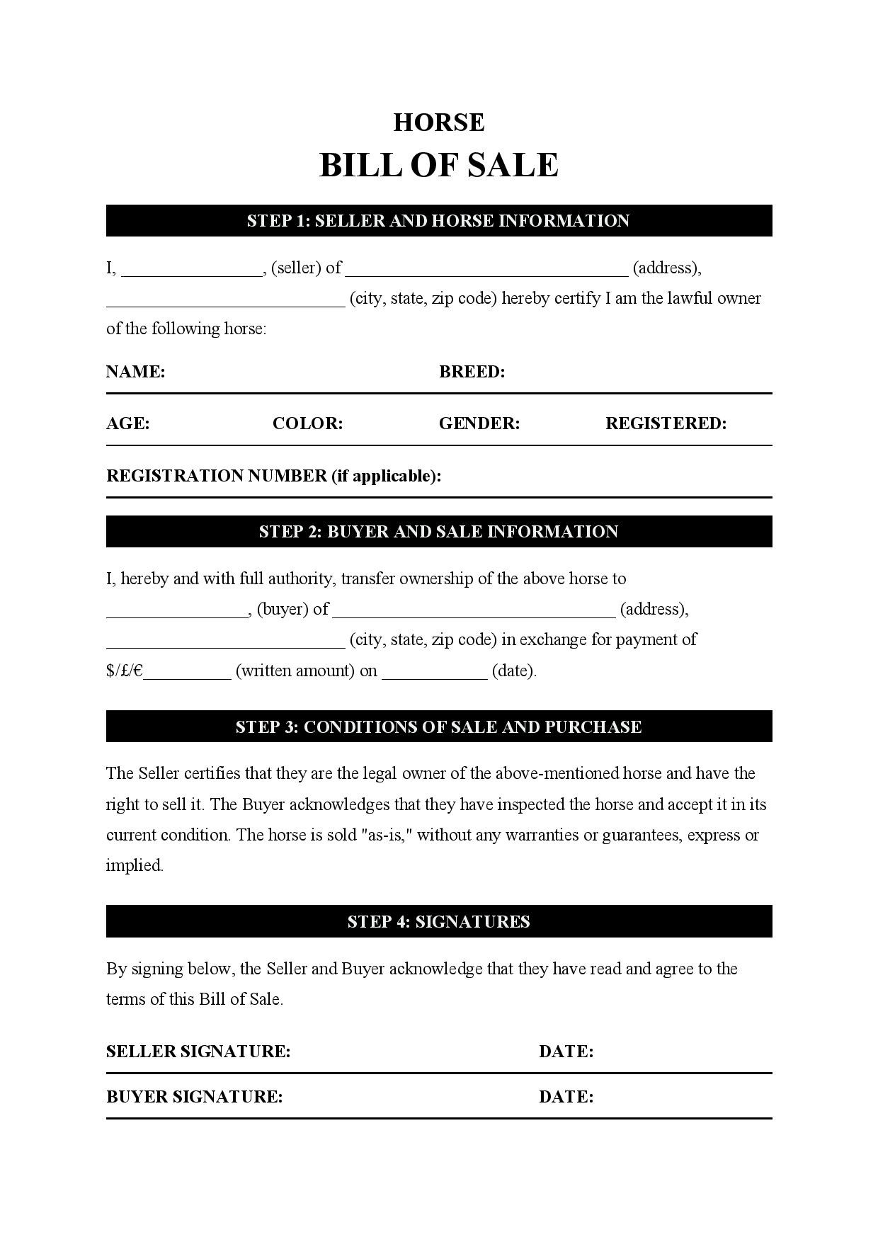 sample Horse Bill of Sale Form