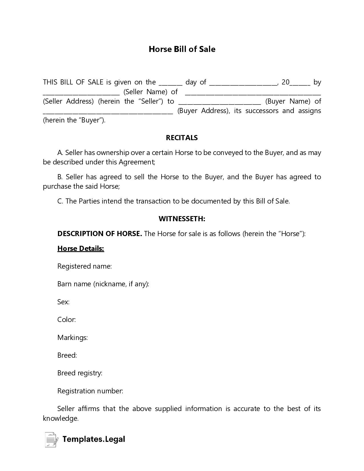 sample Horse Bill of Sale Form