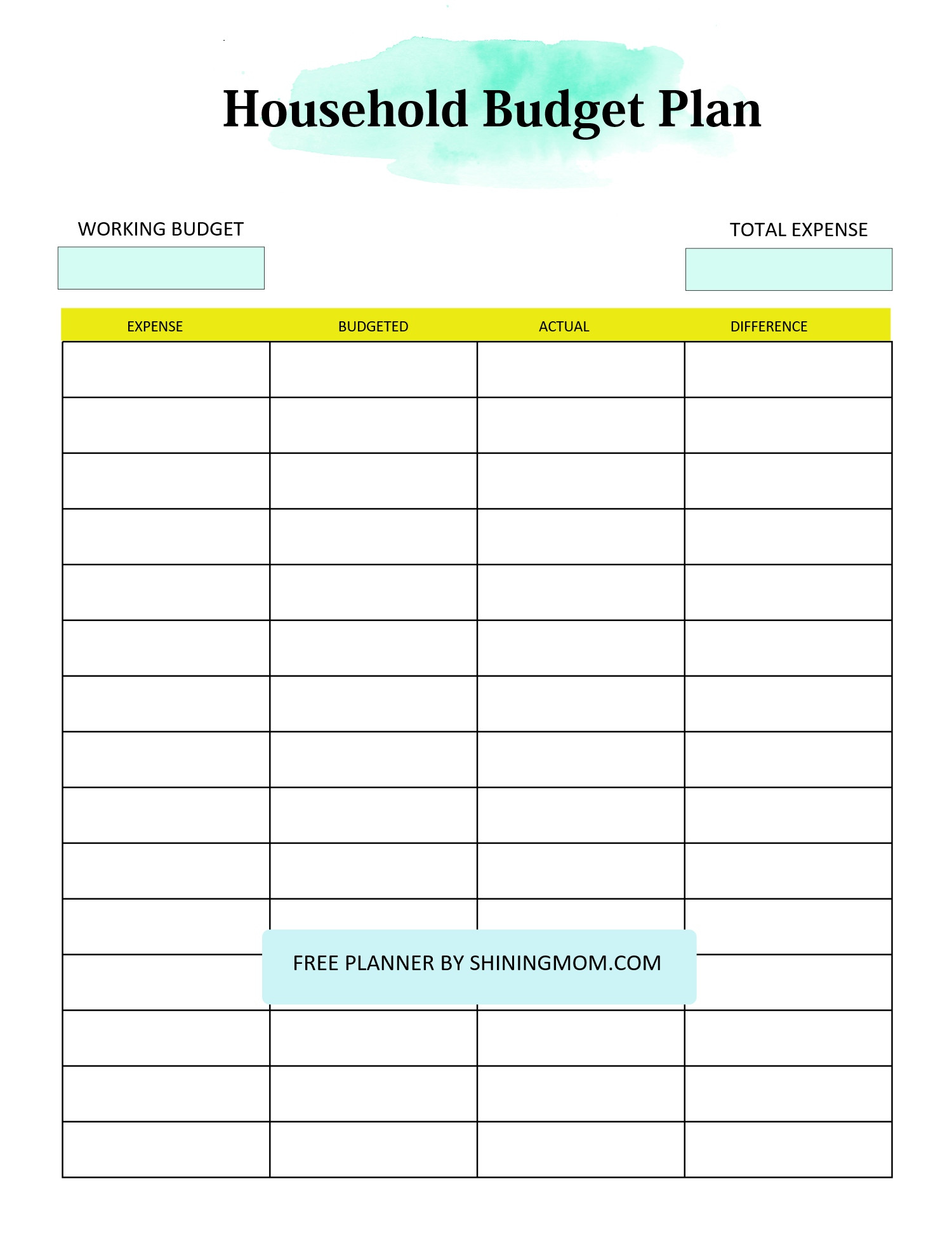 sample household monthly budget template