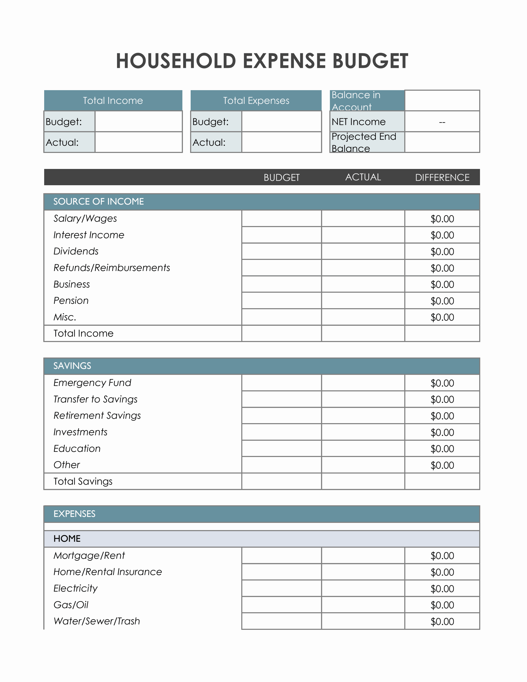 sample home budget template