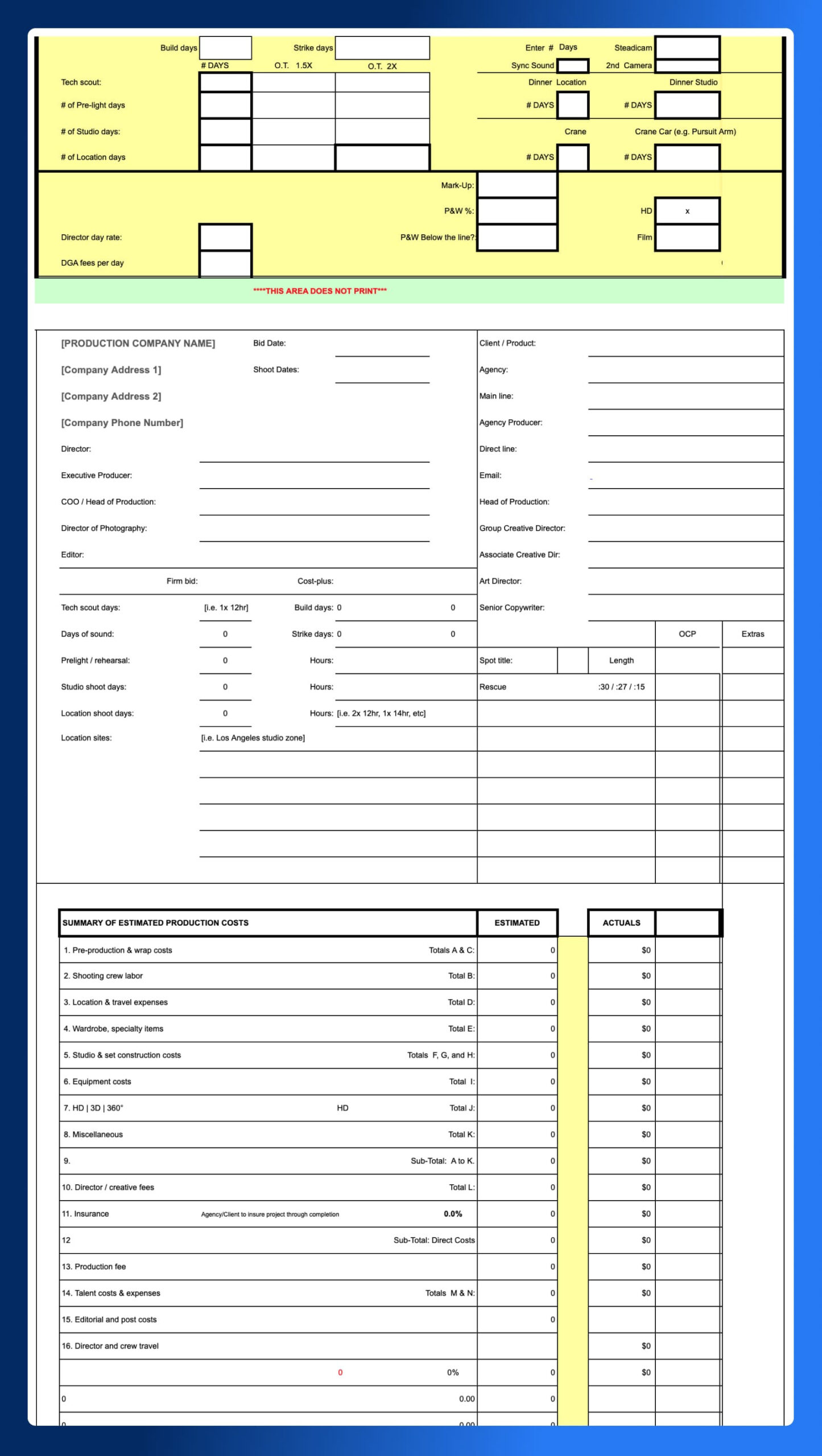 sample TV production budget template