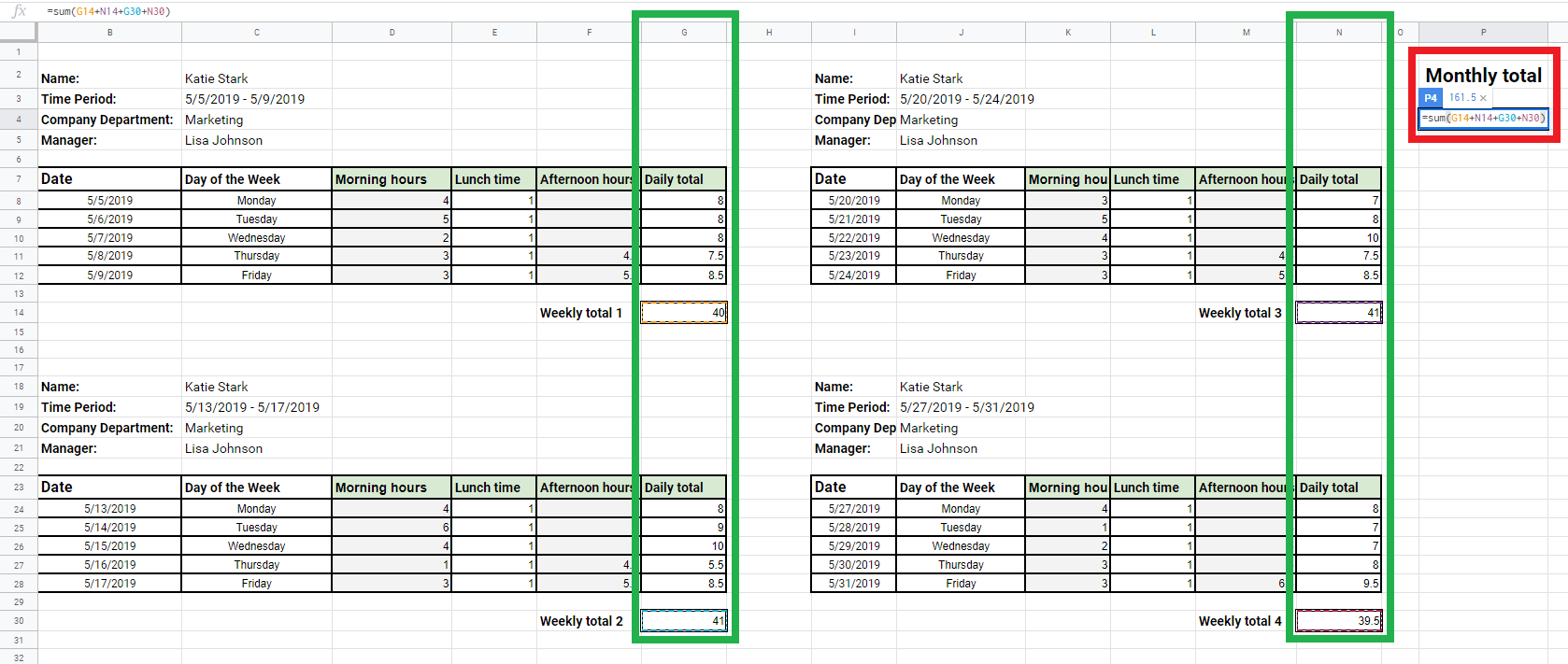 sample monthly timesheet with formulas template