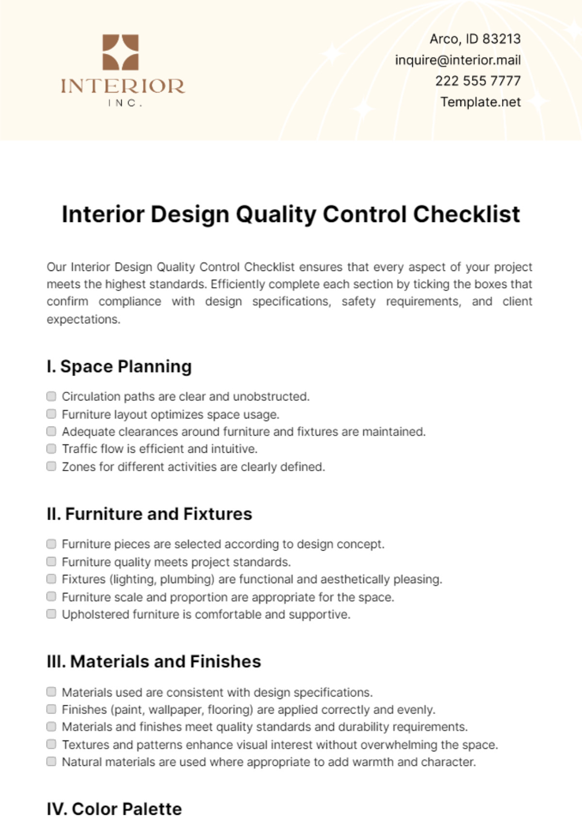 sample furniture quality control checklist template