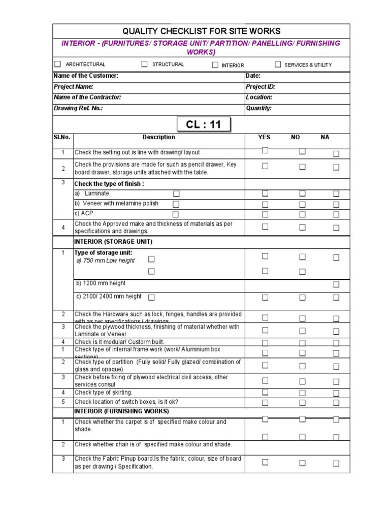 sample furniture quality control checklist template