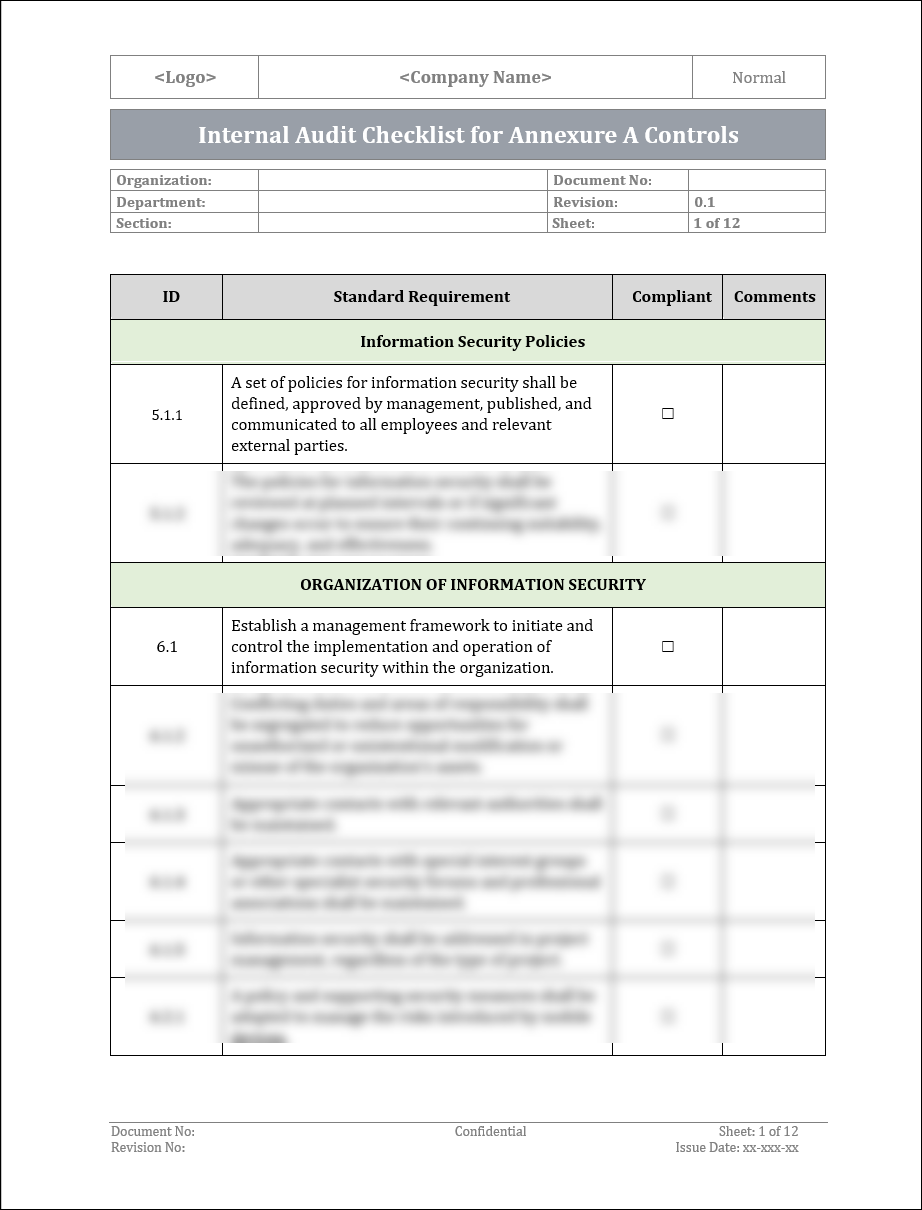 sample internal audit checklist template