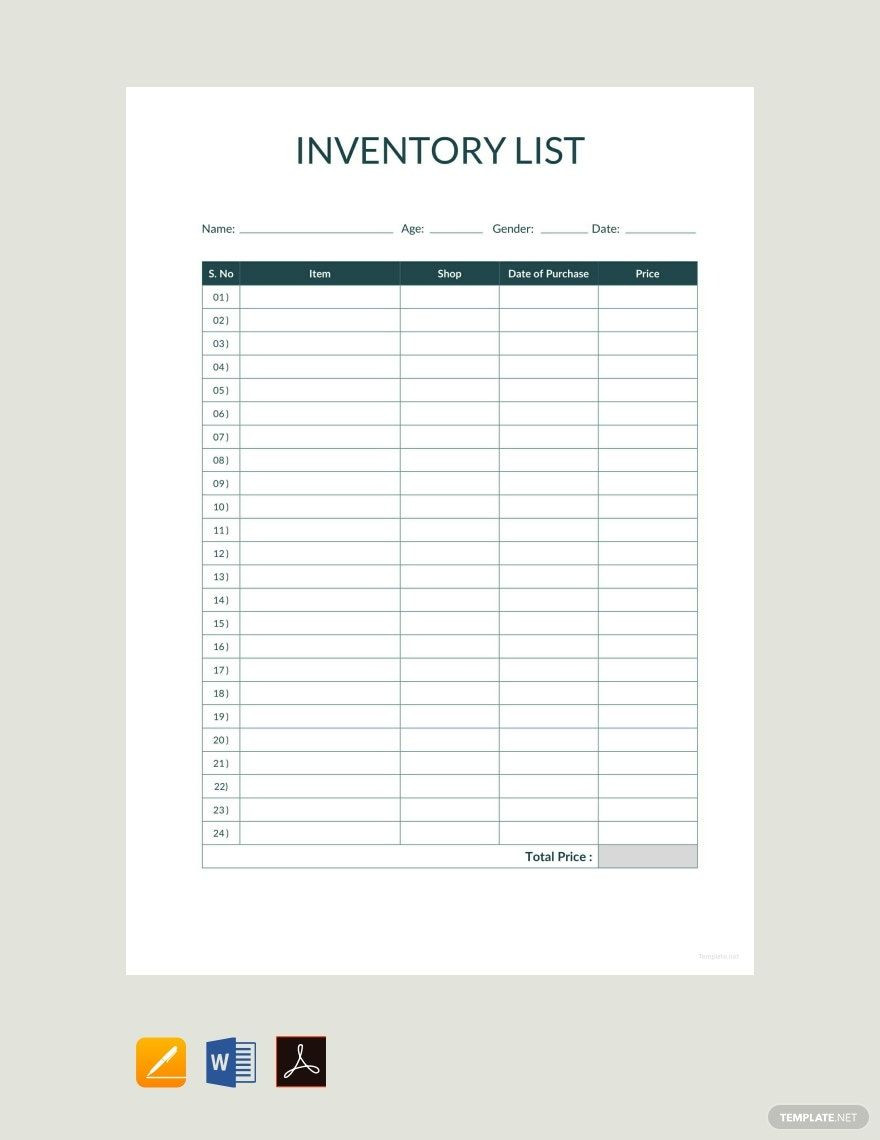 sample inventory chart template