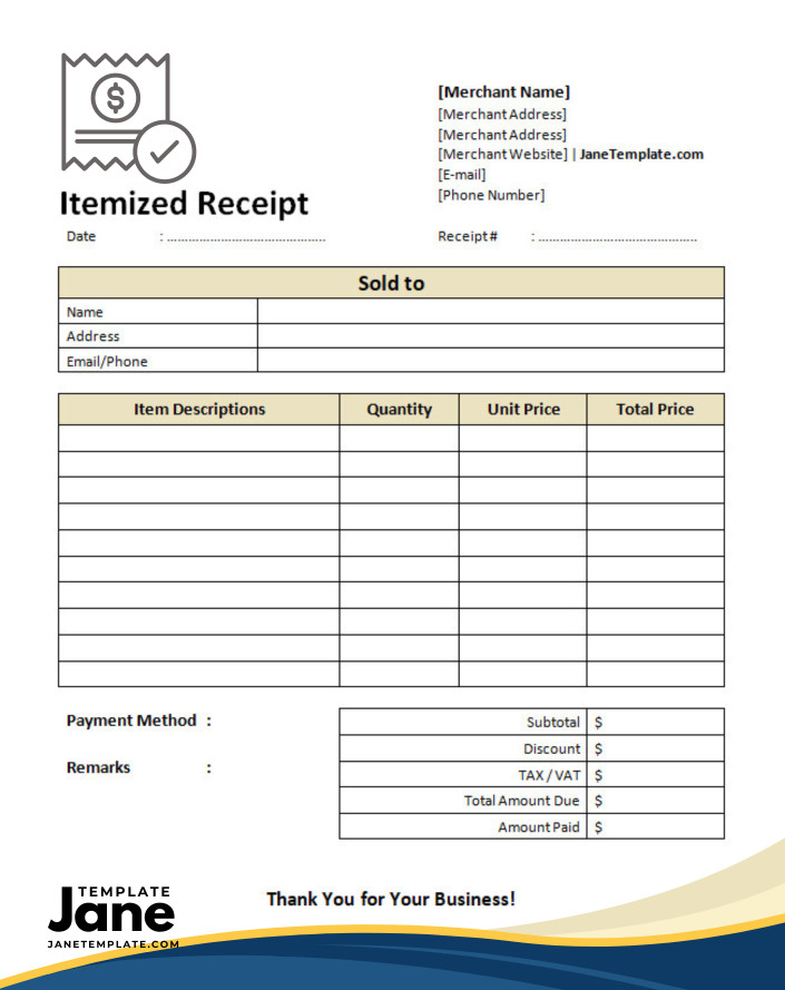 sample of printable blank itemized receipt template