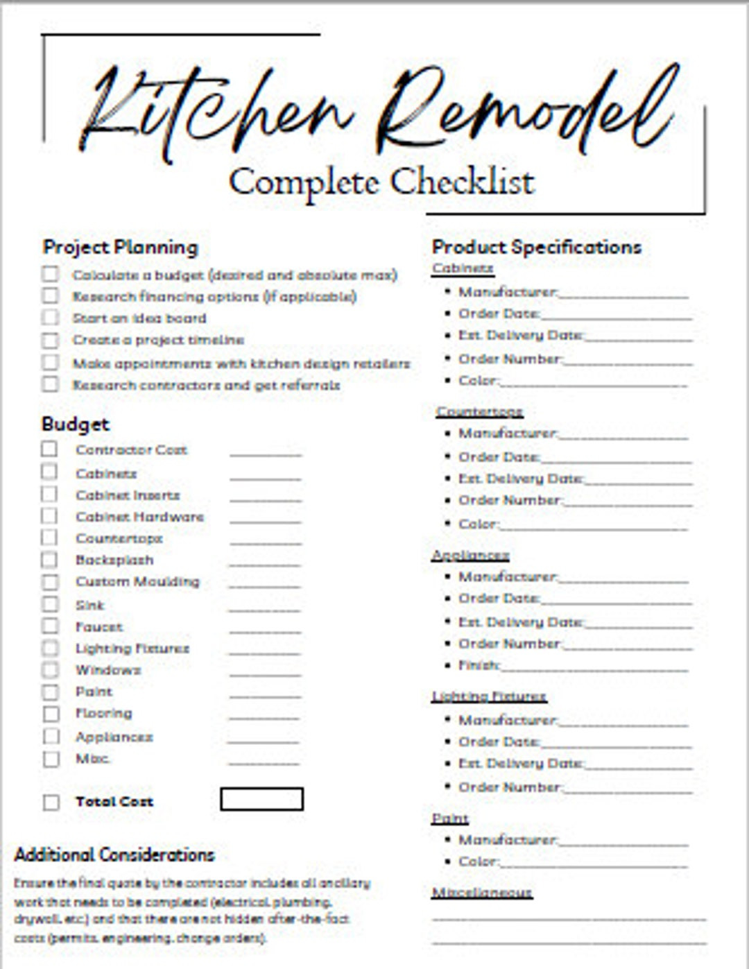 sample kitchen remodel checklist template