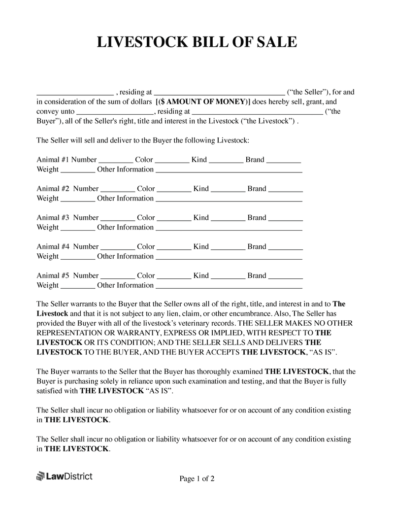 sample Livestock Bill of Sale Form