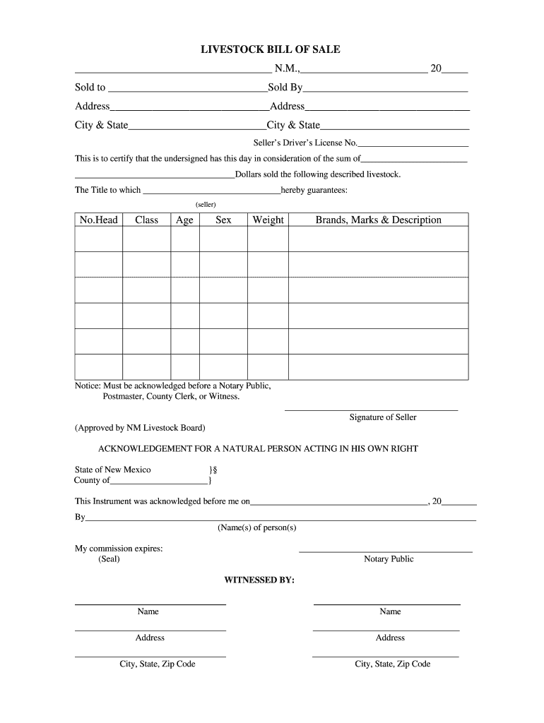 sample Livestock Bill of Sale Form