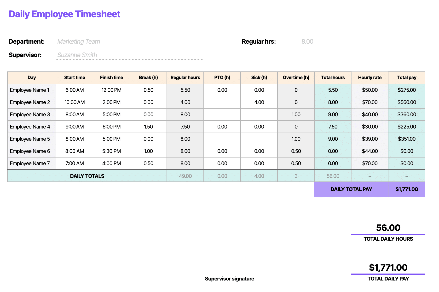 sample manual timesheet template