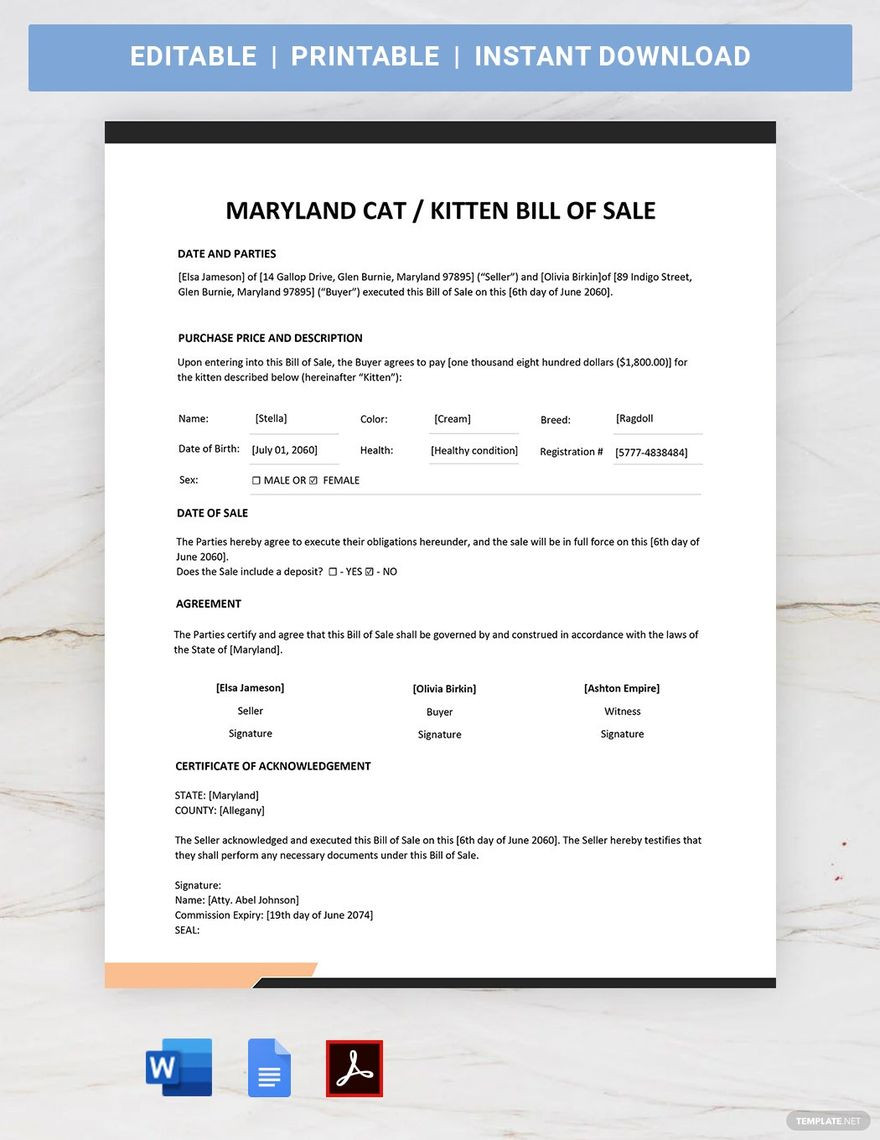 sample Cat/Kitten Bill of Sale Form