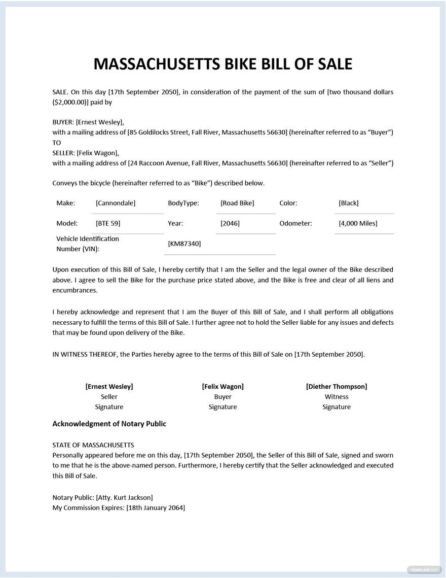 sample Bicycle Bill of Sale Form