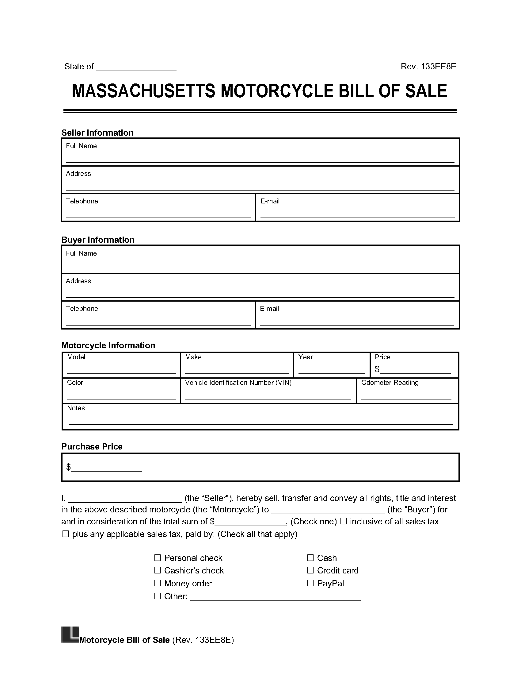 sample Bill of Sale Form For Motorcycle