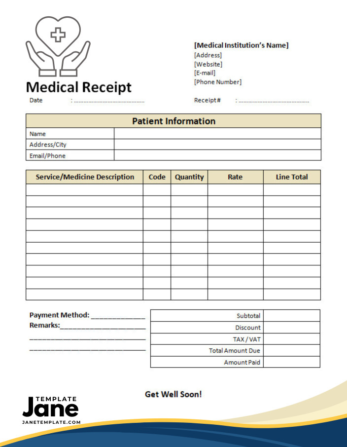 Example of printable blank medical receipt template