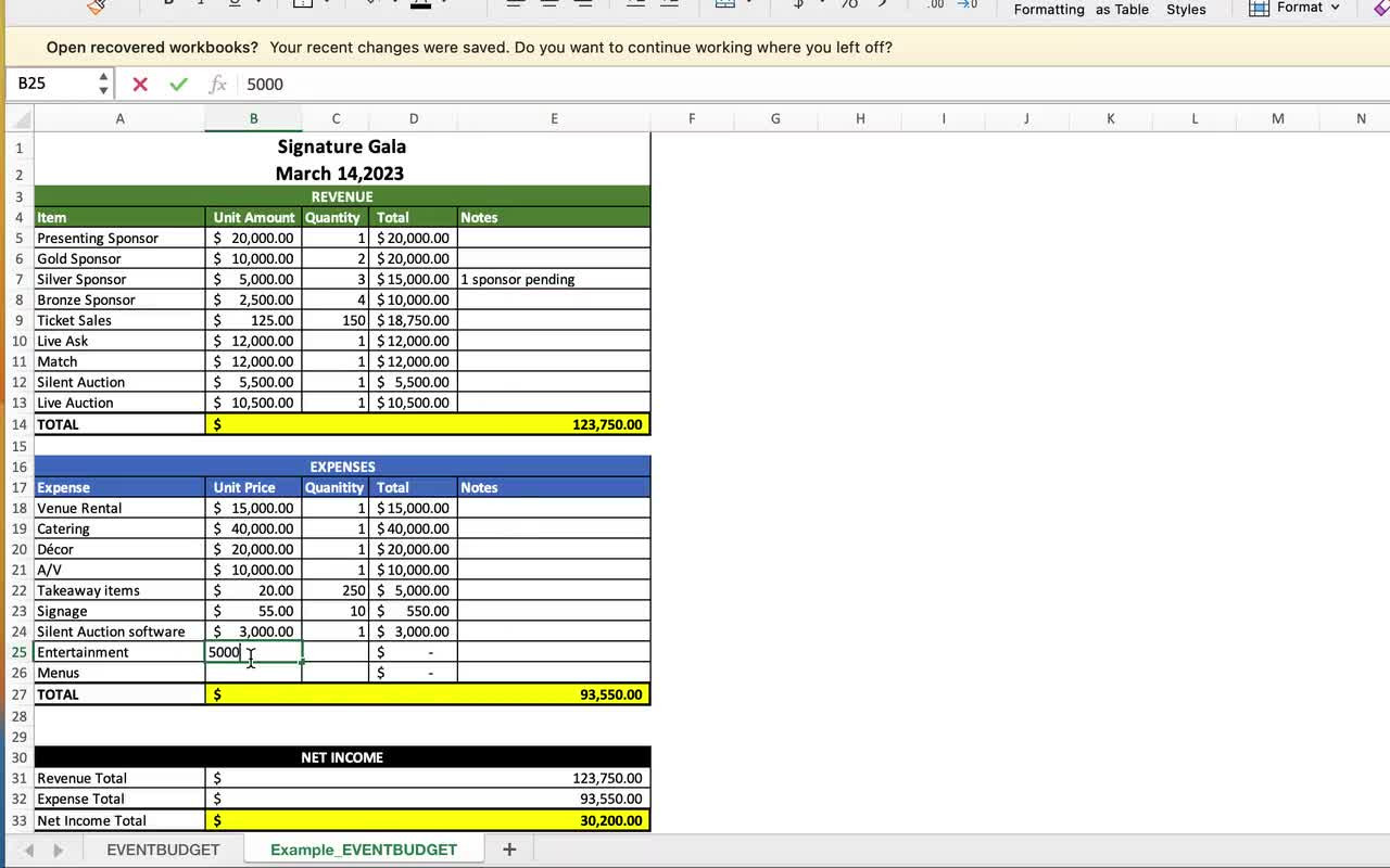 sample golf tournament budget template