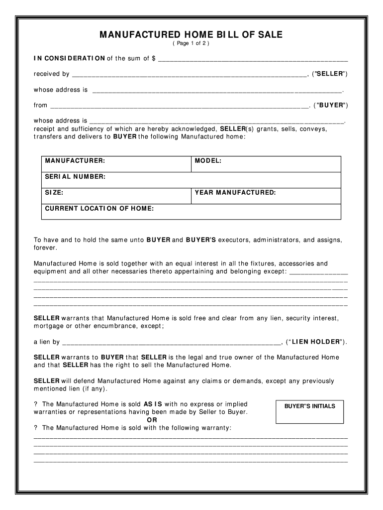 sample Mobile Home Bill of Sale Form