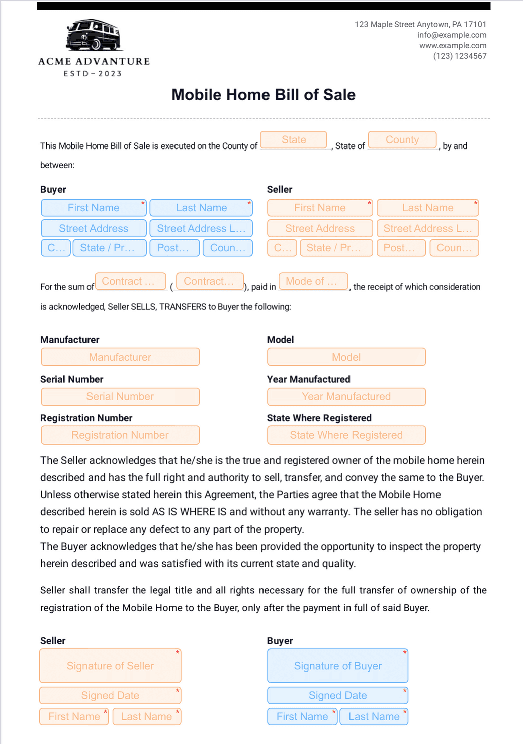 sample Bill of Sale Template Mobile Home