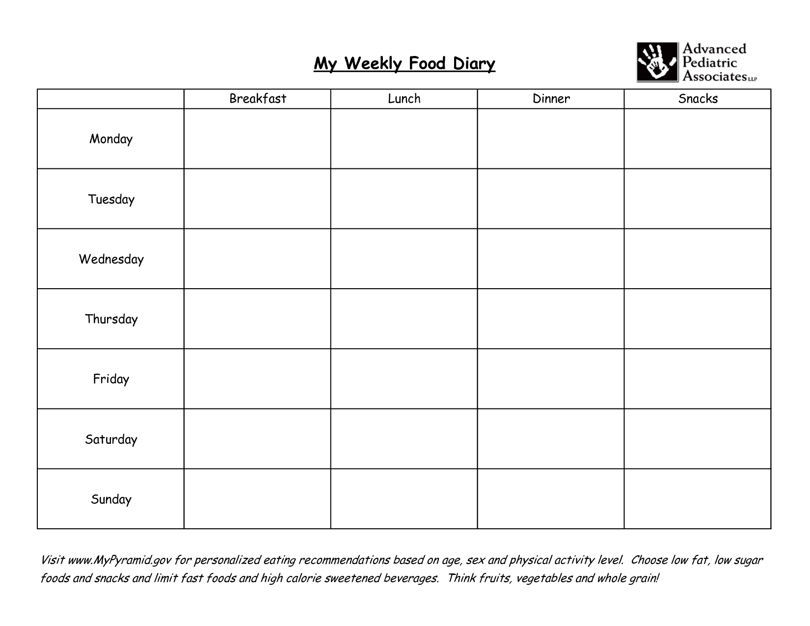 sample weekly food chart template