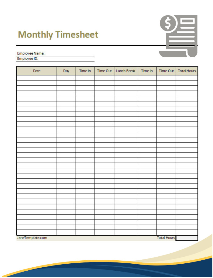 Example of printable monthly timesheet template