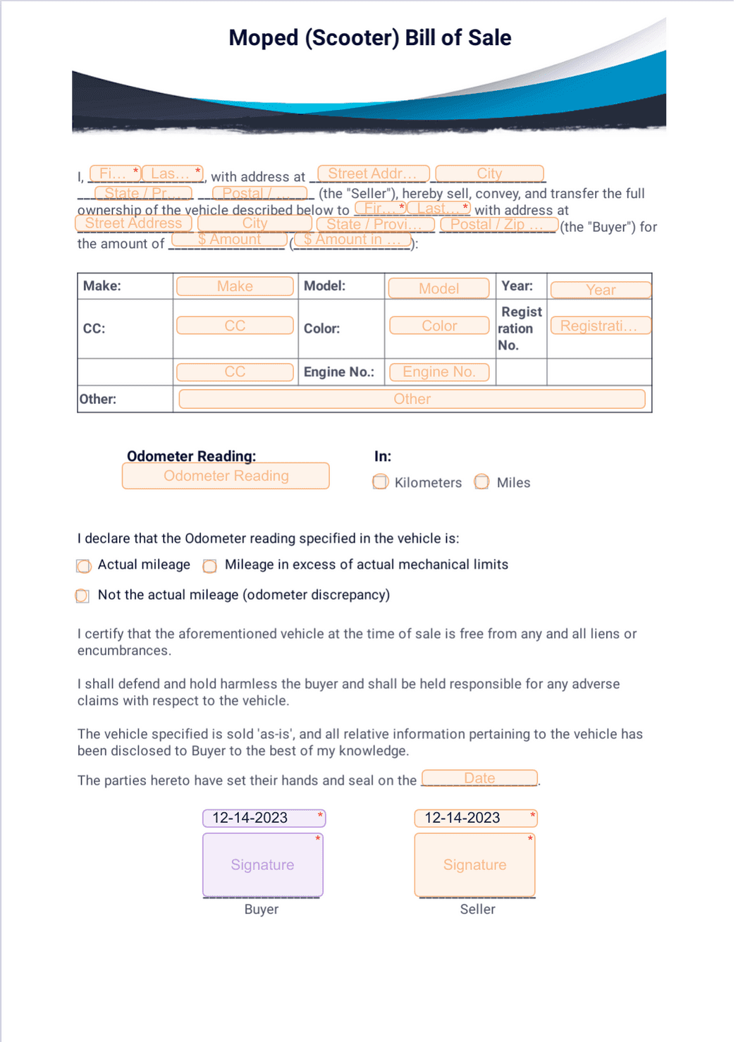 sample Moped/Scooter Bill of Sale Form