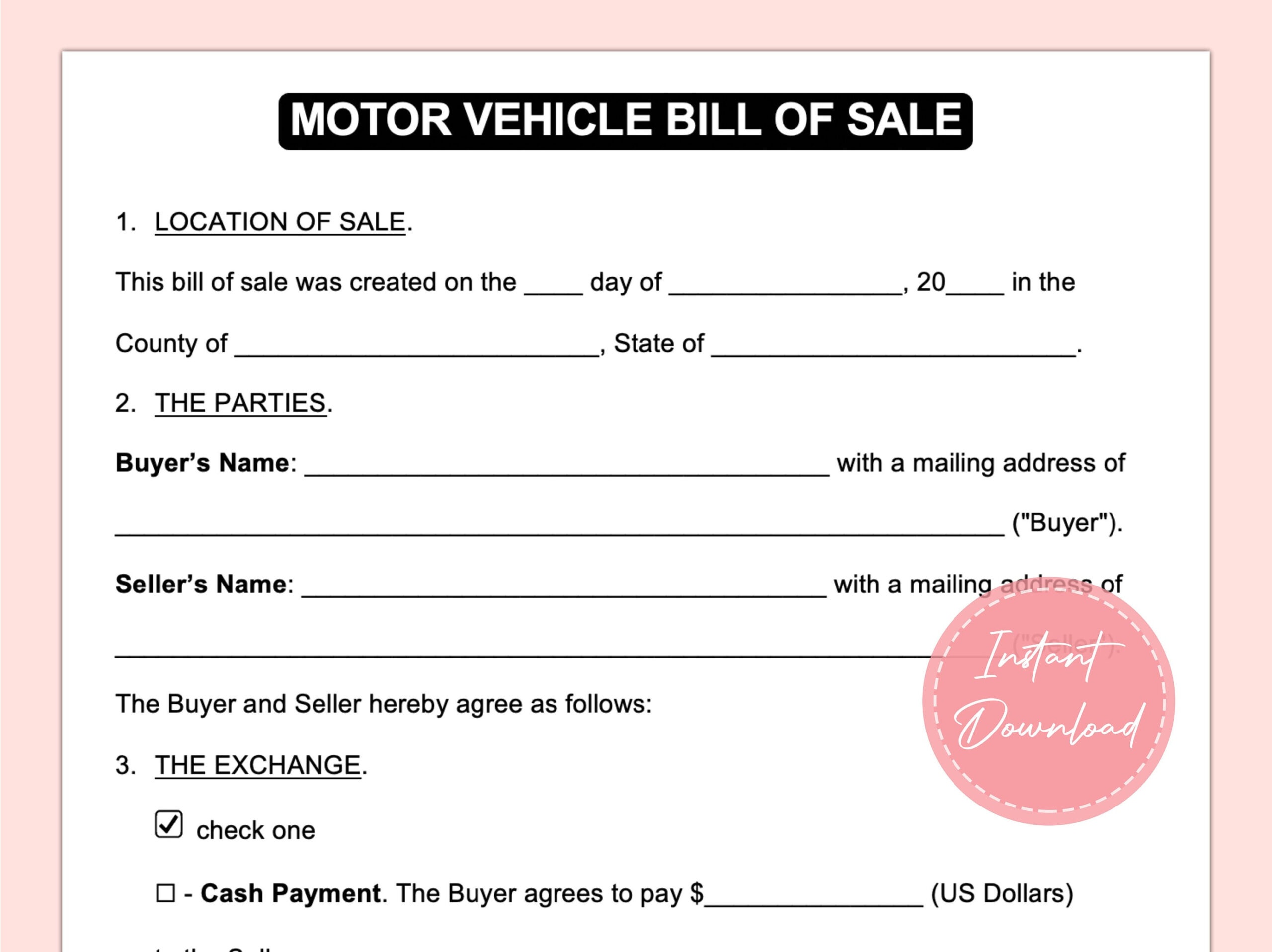 sample Motor Vehicle Bill of Sale Template