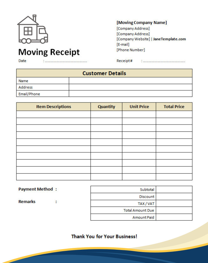 sample of printable moving company receipt template