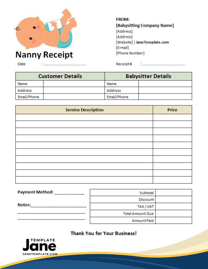 sample of printable blank nanny receipt template