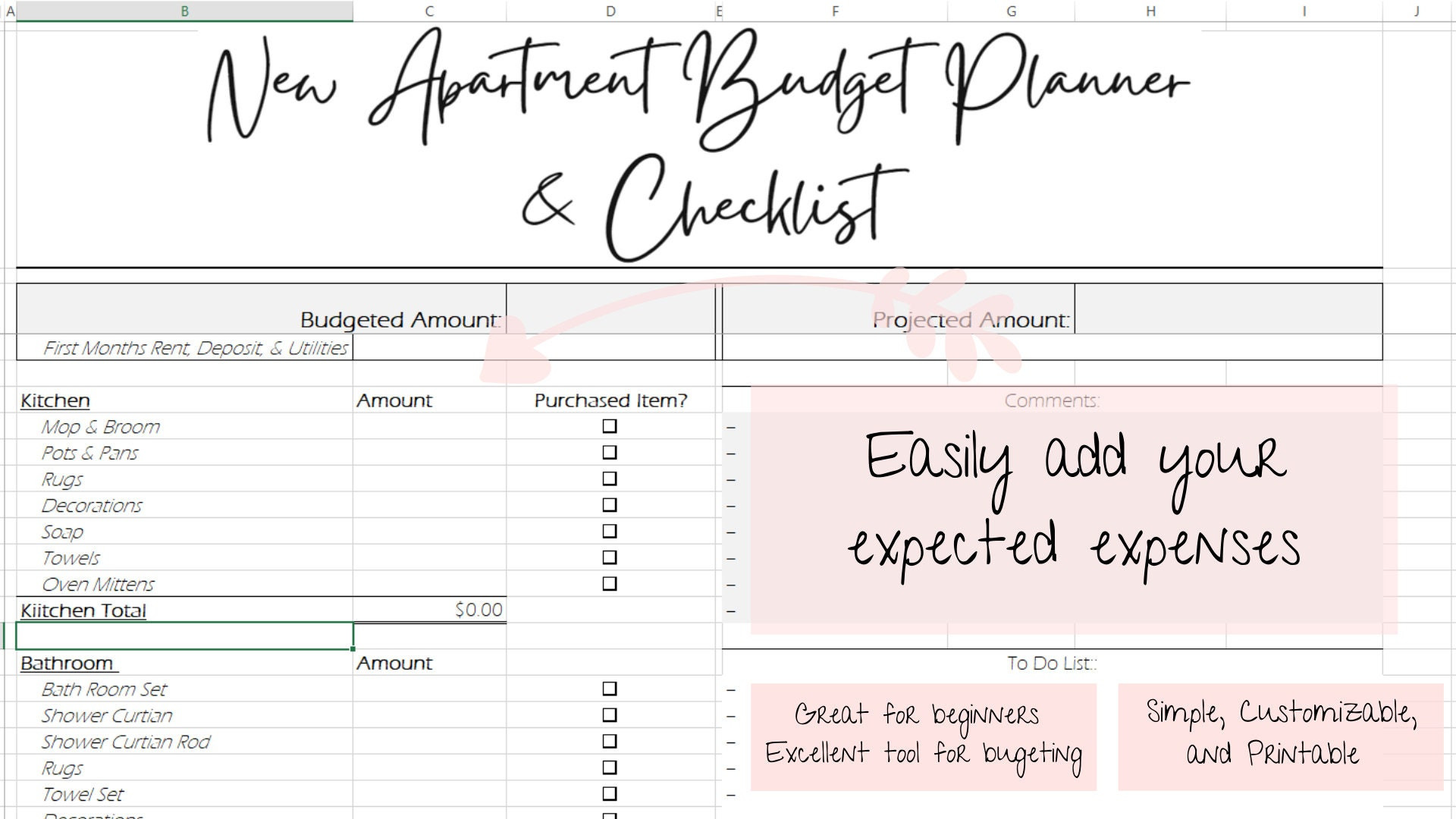 sample first apartment budget template