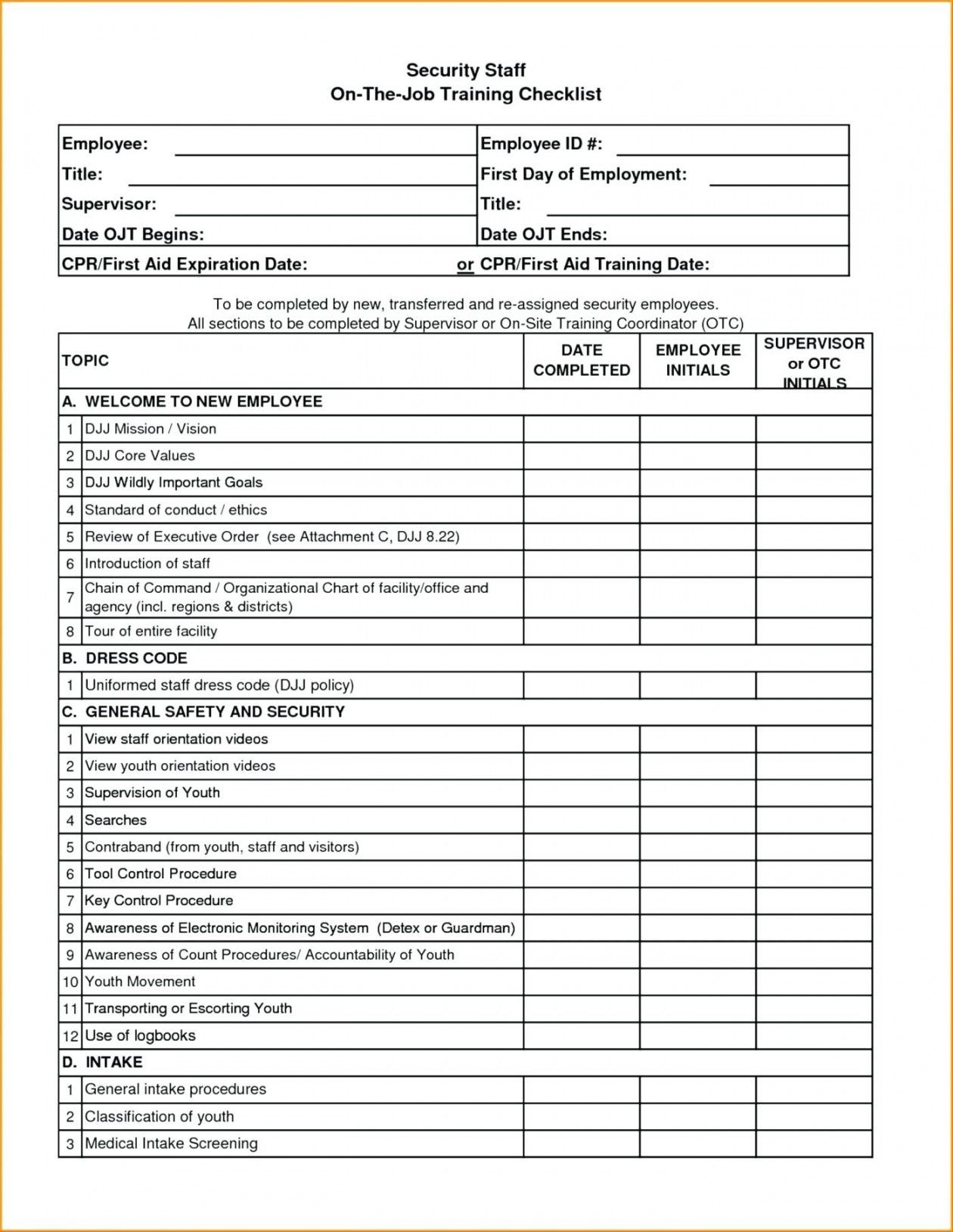 sample new employee training checklist template