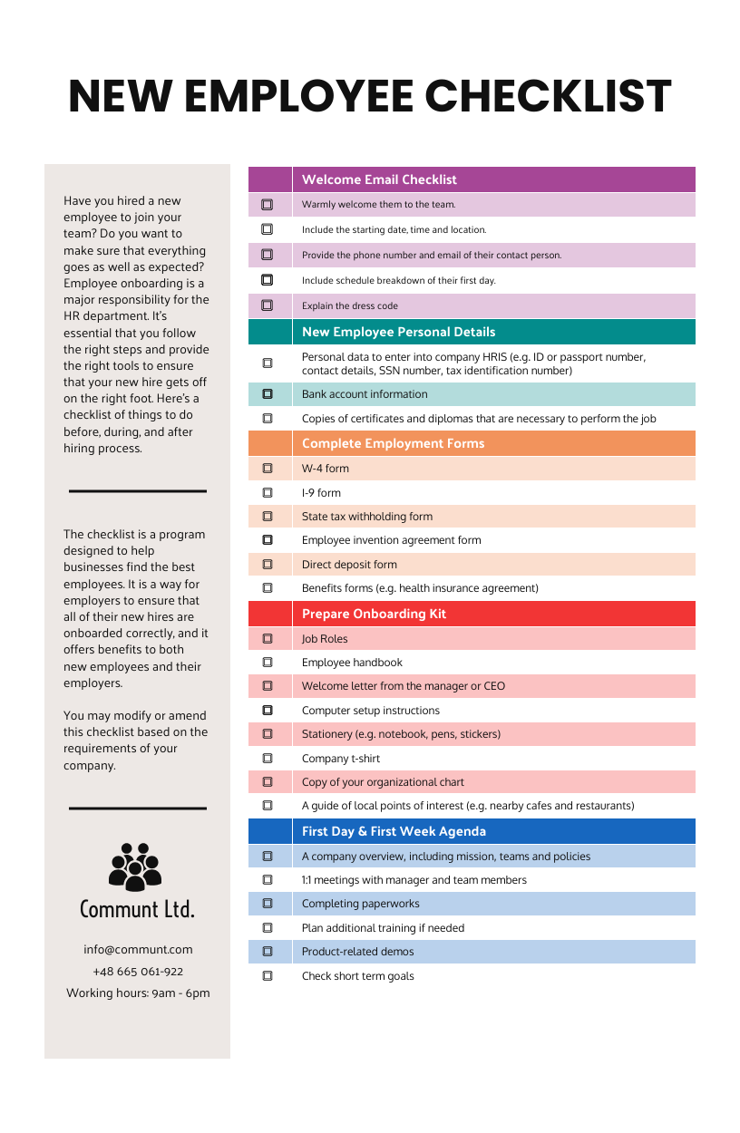 sample new hire employee checklist template