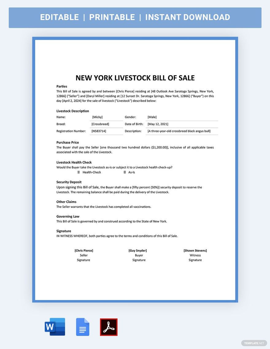 sample Livestock Bill of Sale Form