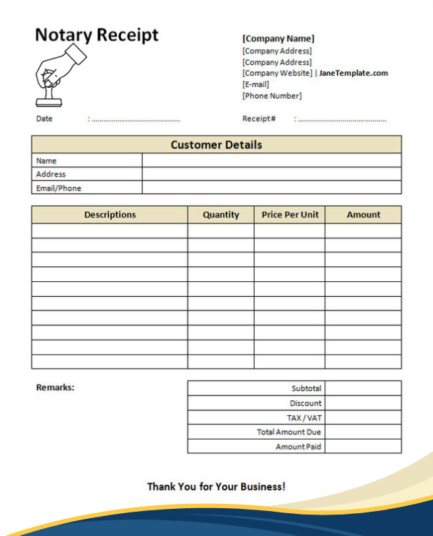 sample of printable blank notary receipt template