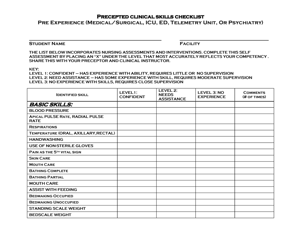 sample nursing skills checklist template