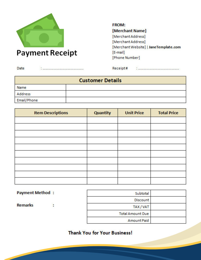 sample of printable blank payment receipt template