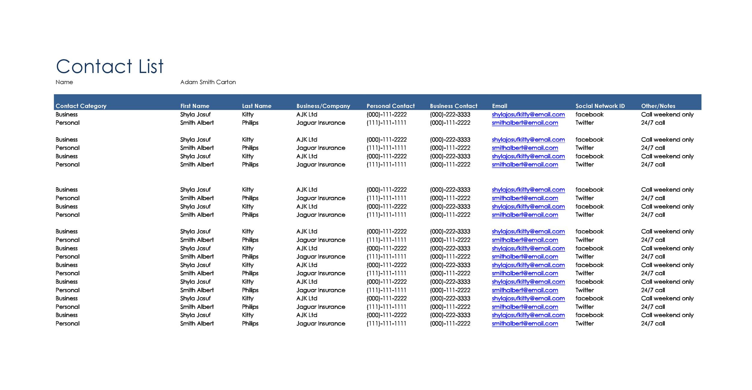 sample Media Contact List Template