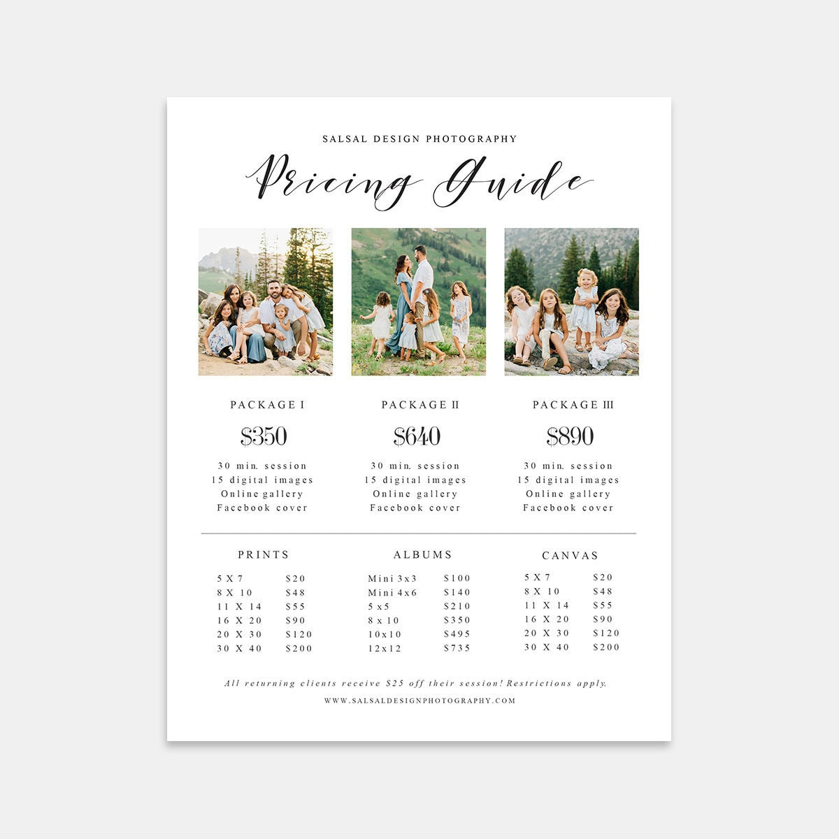 sample beginner photography price list template