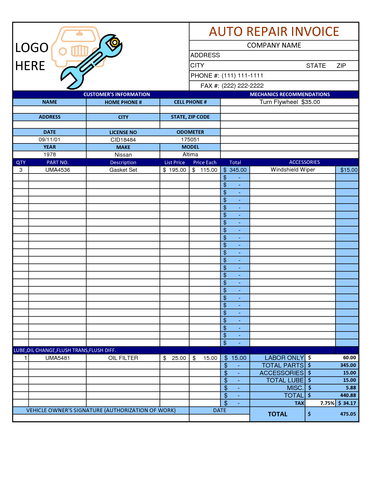 sample mechanic shop receipt template