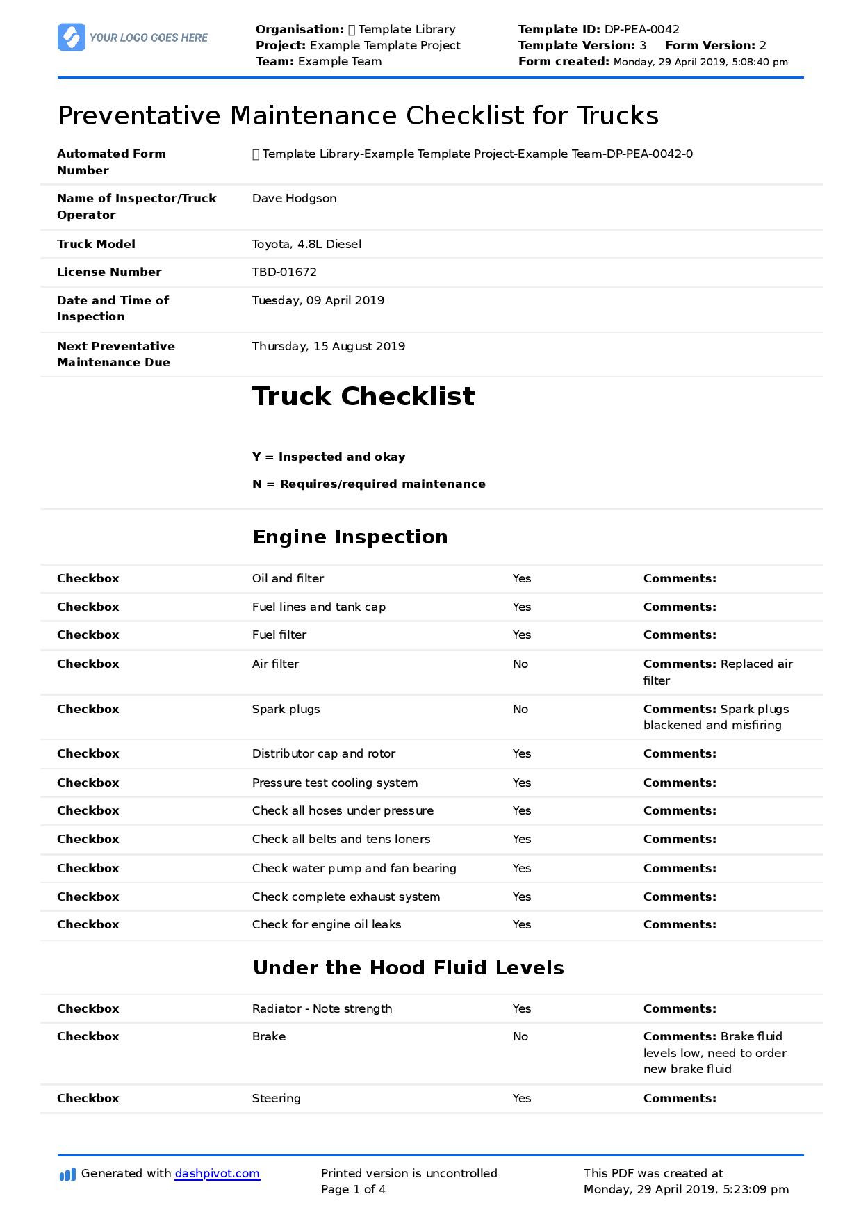 sample Truck Maintenance Checklist Template